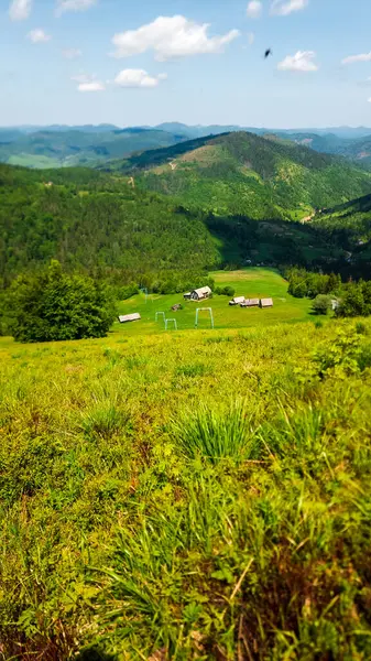 Güzel gökyüzü olan dağlarda yaz manzarası.