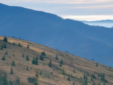 Renkli bir sonbahar sabahıyla güzel bir dağ manzarası.