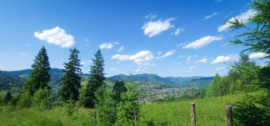 Güneşli bir günde dağlarla ve mavi gökyüzüyle yaz manzarası