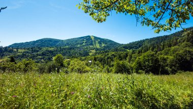 Güneşli bir günde güzel bir dağ manzarası.