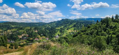 Dağlardaki kuş köyünün tepesinden manzara, Ukrayna