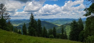 Yeşil orman ve bulutlarla kaplı dağ manzarası