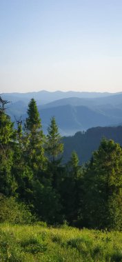 Arkasında yeşil tepeler olan güzel dağ manzarası