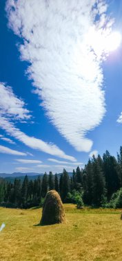 Dağların arkasındaki çayırda saman yığını