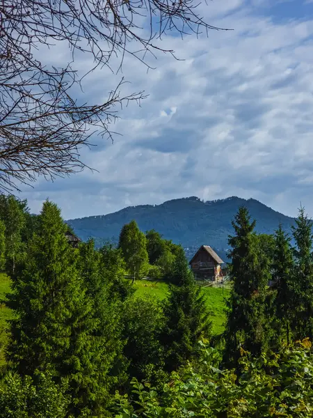 Dağlarda evi olan güzel bir dağ manzarası.