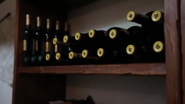 Weinflaschen Weinkeller Eines Weinguts Gelagert — Stockvideo