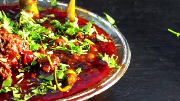 Shot Achari Ghost Tandoori Roti Serving Plate Some Chilies Onions — Stock video