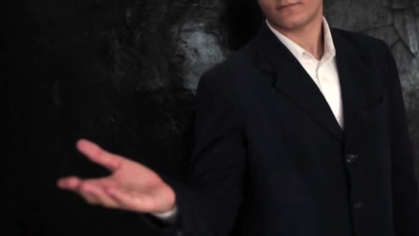 Young Businessman Doing Thinking Gesture Expression Black Background Footage Young — 图库视频影像