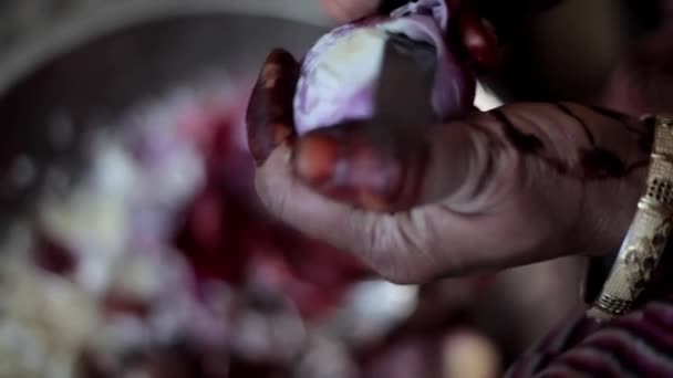 Ręce Indyjskiej Gospodyni Domowej Bransoletkami Mehndi Nałożone Dłoń Krojące Cebulę — Wideo stockowe