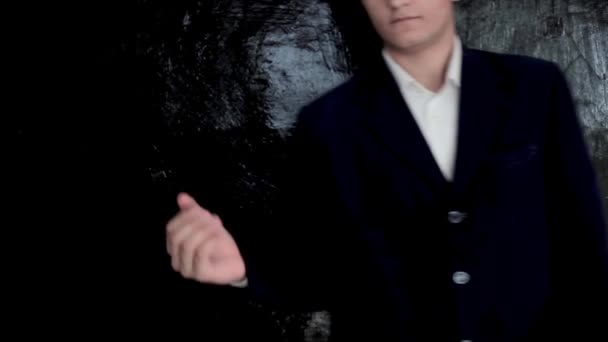 Shot Young Entrepreneur Blue Suit Doing Hand Expressions Black Background — 图库视频影像