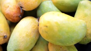 24 FPS HD çözünürlüklü sinematik bebek çekimine sahip siyah bir zemin üzerinde popüler Kesar Kari veya Kesar Mango aam.