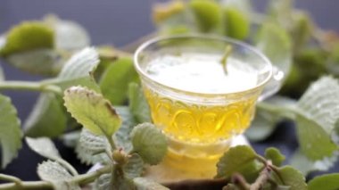 Ajwain 'in HD görüntüsü, bitkisel çayıyla birlikte parlak, siyah bir yüzeye yakın bir çay fincanında ayrılıyor. Trachyspermum ammi ya da Caraway 'in yüksek kaliteli görüntüleri ve soğuk algınlığı için kullandığı çay..