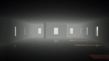 3D lüks mimari iç tasarım fikri. Çoklu pencereli büyük lüks bir odanın Dolly çekimi. 4K çözünürlüklü gotik karanlık bir odanın 3 boyutlu görüntüsü..