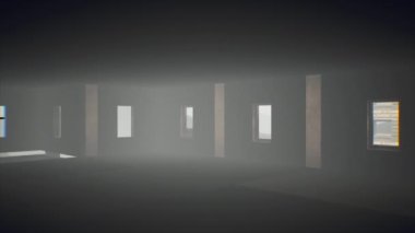 3D lüks mimari iç tasarım fikri. Çoklu pencereli büyük lüks bir odanın Dolly çekimi. 4K çözünürlüklü gotik karanlık bir odanın 3 boyutlu görüntüsü..