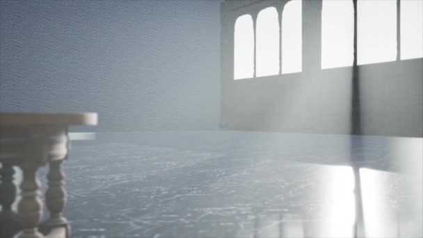 电影超现实3D渲染了一张桌子在一个巨大的大厅里的照片 阳光从窗户射出 这是一个皇家城堡的建筑设计理念 在大殿里摆设一张桌子4K — 图库视频影像