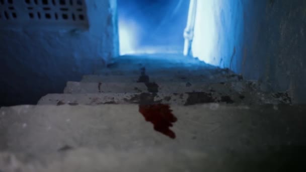 Кінематографічний Творчий Знімок Червоної Крові Сходах Готичним Темним Освітленням Димом — стокове відео
