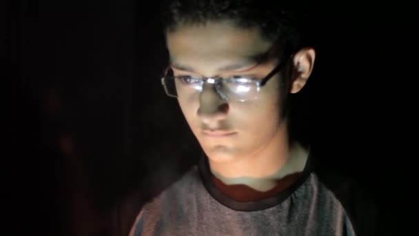 Shot Boy Black Shirt Walking Candle Light His Hand Dark — Stok Video