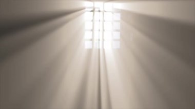 Pencereden gelen güneş ışığı ve güneş ışınlarının sinematik görüntüleri. Ses dalgaları içinde toz parçacıkları olan pencerelerden gelir. Renk efekti.