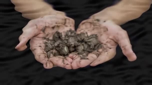 Man Dirty Hand Holding Dirty Black Paint — Stock Video