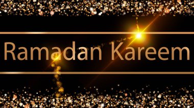 Ramadan Kareem - The Magical Month of Prayer in Gold. A greeting banner for the holy month, perfect for logo intros and Eid Mubarak wishes. Symbolizing fasting, Iftar, Sahoor, and Islamic traditions. clipart