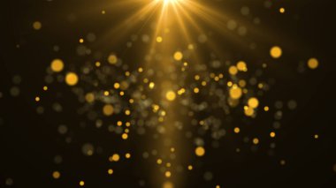 Parlayan Yıldızlar, Parlayan Toz ve Bokeh 'li Altın Parçacıkların Soyut Arkaplanı. Fütürist Parıldayan Sinek Hareketi ve Titrek Döngü Efekti Kara Arkaplanda, Ödüller ve Kutlamalar İçin İdeal.