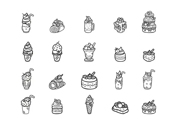 Söta Handraw Doodle Desserter Bageri Set Svart Och Vit Färg — Stock vektor