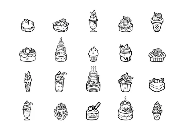 Cute Handraw Doodle Desserts Bakery Set Black White Colour — Stock Vector