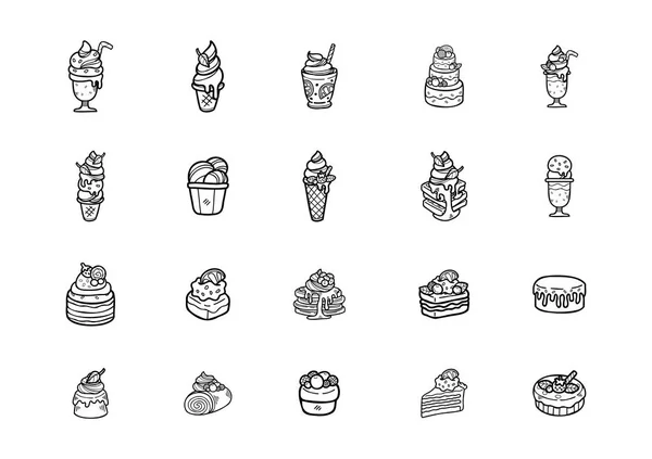 Söta Handraw Doodle Desserter Bageri Set Svart Och Vit Färg — Stock vektor