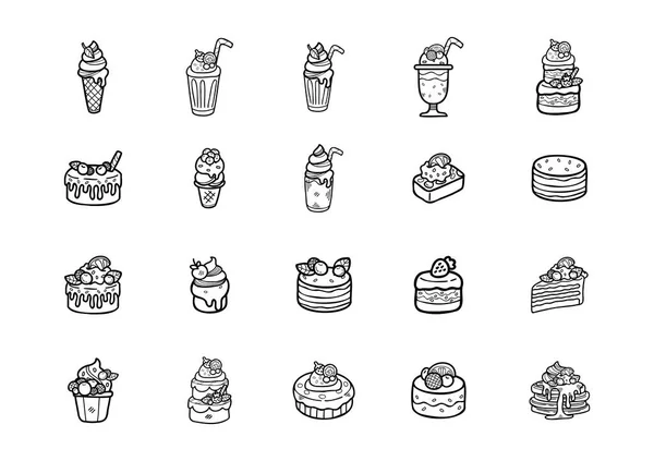 Cute Handraw Doodle Desserts Bakery Set Black White Colour — Stock Vector
