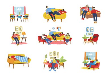 Yorgun insanlar kanepe koleksiyonuna düz bir şekilde uzanır.