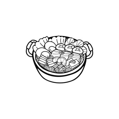 Siyah ve beyaz suki yaki Japon yemeklerinin düz çizimlerini izole edin.