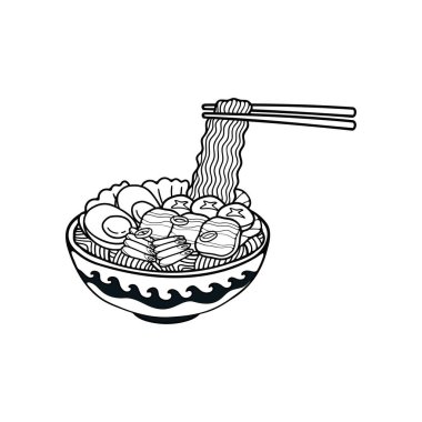 Siyah ve beyaz suki yaki Japon yemeklerinin düz çizimlerini izole edin.