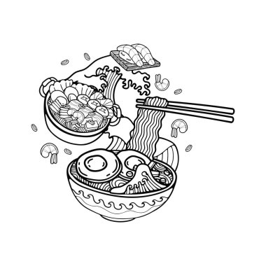 Siyah ve beyaz Japon eriştelerini izole edin. Düz çizimler yapın.