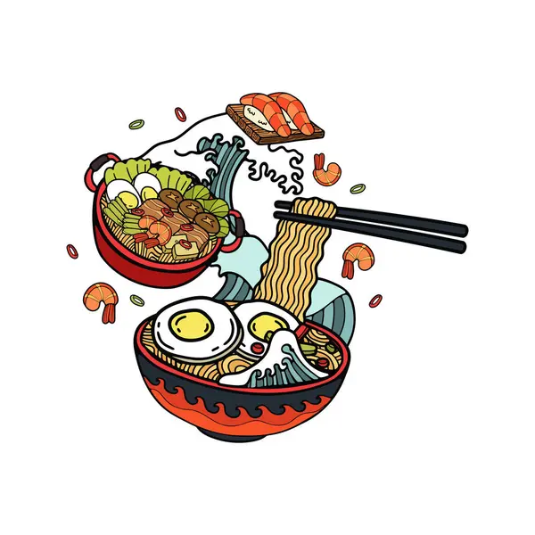 Izolovat Ramen Japonský Jídlo Set Plochý Styl Ilustrace — Stockový vektor