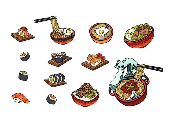 Japoński Jedzenie Zestaw Płaski Styl Ilustracje — Wektor stockowy