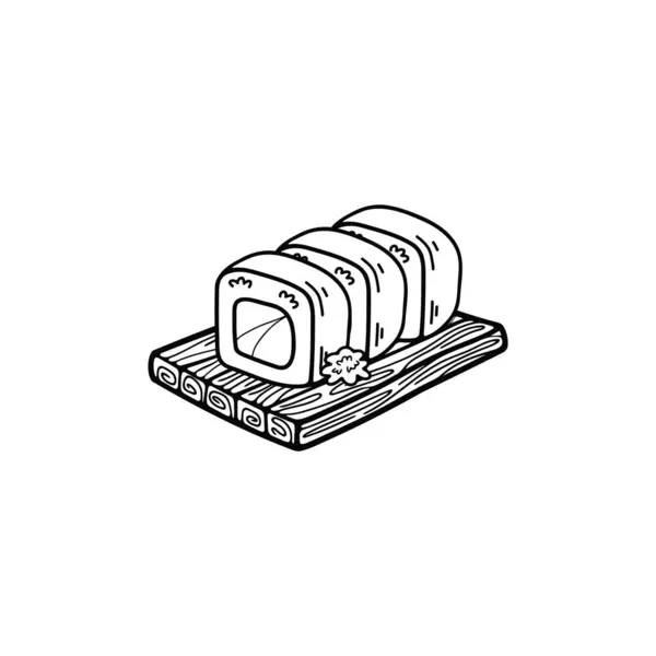 Bianco Nero Isolare Maki Sushi Giapponese Cibo Piatto Stile Illustrazione — Vettoriale Stock