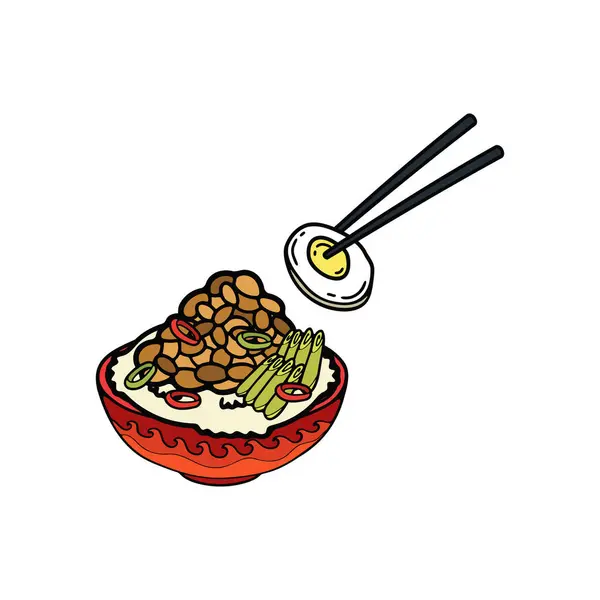 Natto Und Reis Isolieren Japanisches Essen Flachen Stil Illustration Vektorgrafiken