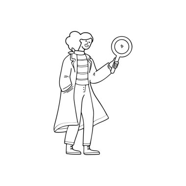 Arama yapmak için elinde büyüteç tutan bir kadının siyah beyaz çizimi.