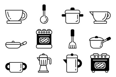 arka planda siyah ve beyaz mutfak gereçleri düz simgesi