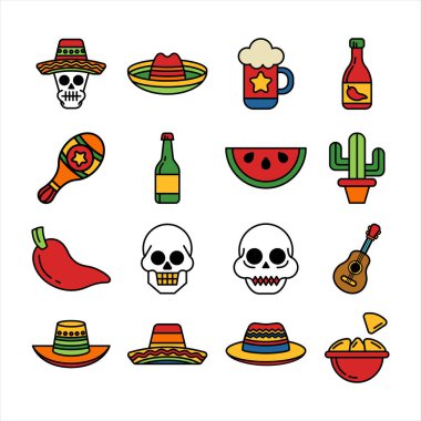 Meksika elementleri düz simge seti