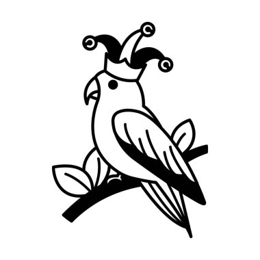 Palyaço şapkası takan papağanın siyah beyaz çizimini ayır