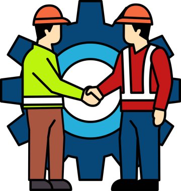 İki teknisyenin düz ikon vektörü vitesin önünde el sıkışıyor