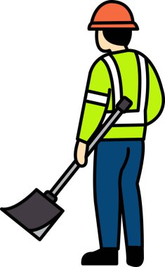 Teknisyenin toprak temizlemek için elinde kürek tutan düz simge vektörü