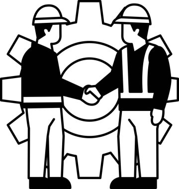 Siyah ve beyaz düz ikon vektörü İki teknisyen vitesin önünde el sıkışıyor