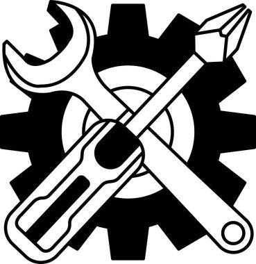 siyah ve beyaz düz simge vektörü tornavida anahtarı ve dişli arkasında