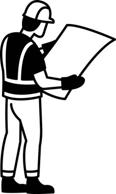 Teknisyen okuma planlarının siyah ve beyaz düz simge vektörü