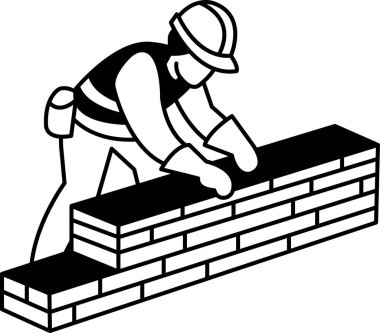 tuğla ustasının siyah ve beyaz düz ikon vektörü tuğla diziyor 