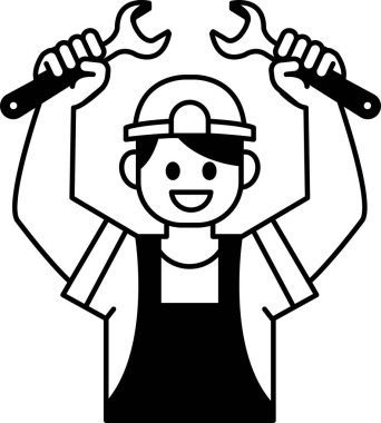 İngiliz anahtarı tutan teknisyenin siyah ve beyaz düz simge vektörü