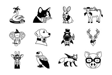 siyah ve beyaz süslü hayvan resimleme ikonu koleksiyonu