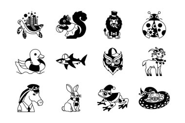 siyah ve beyaz süslü hayvan resimleme ikonu koleksiyonu